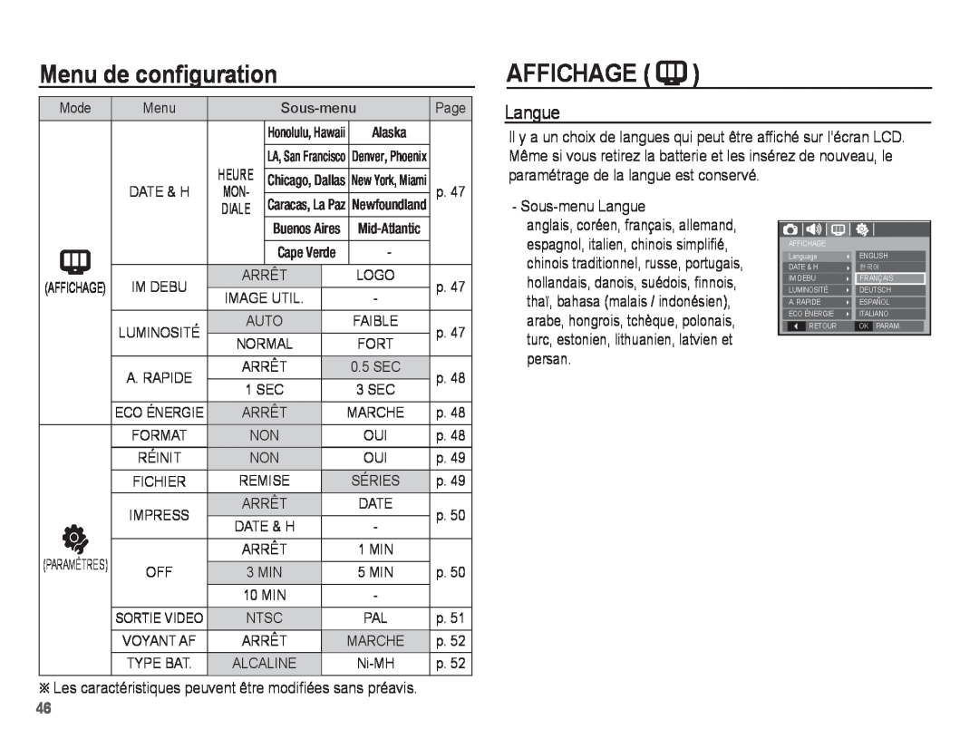 Samsung EC-S1070PBA/FR Affichage, Langue, Menu de conﬁguration, Ä Les caractéristiques peuvent être modiﬁées sans préavis 