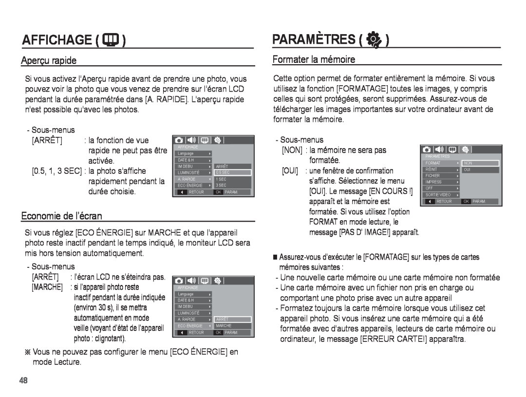 Samsung EC-S1070SBA/FR Paramètres ”, Aperçu rapide, Formater la mémoire, Economie de l’écran, Affichage, Sous-menus, Arrêt 