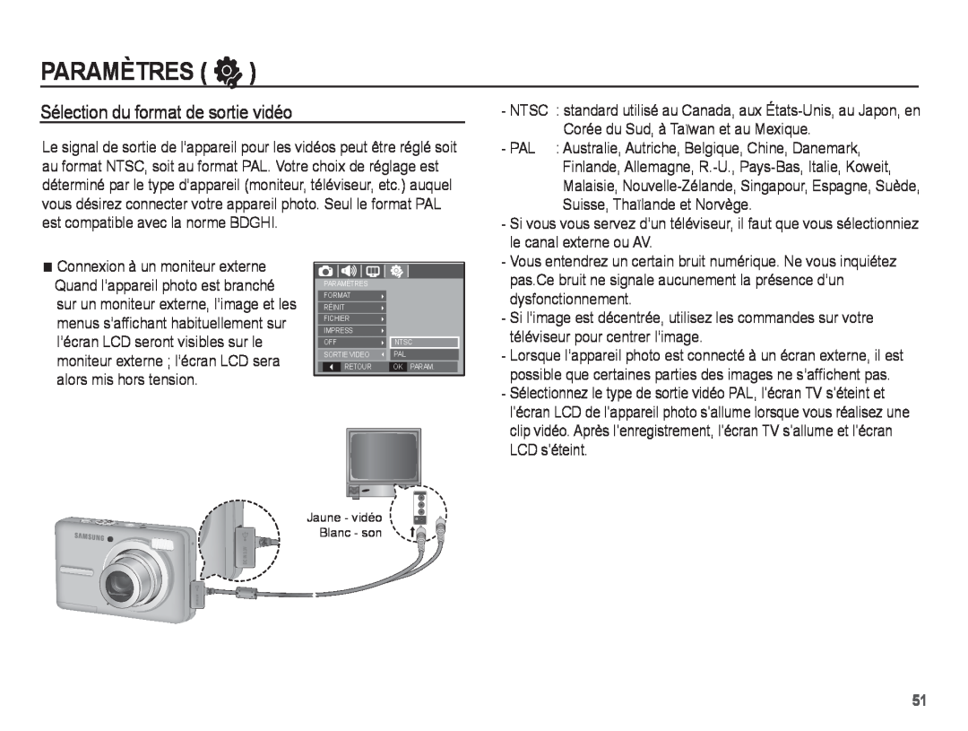 Samsung EC-S1070BBA/FR manual Sélection du format de sortie vidéo, Paramètres ”, le canal externe ou AV, dysfonctionnement 