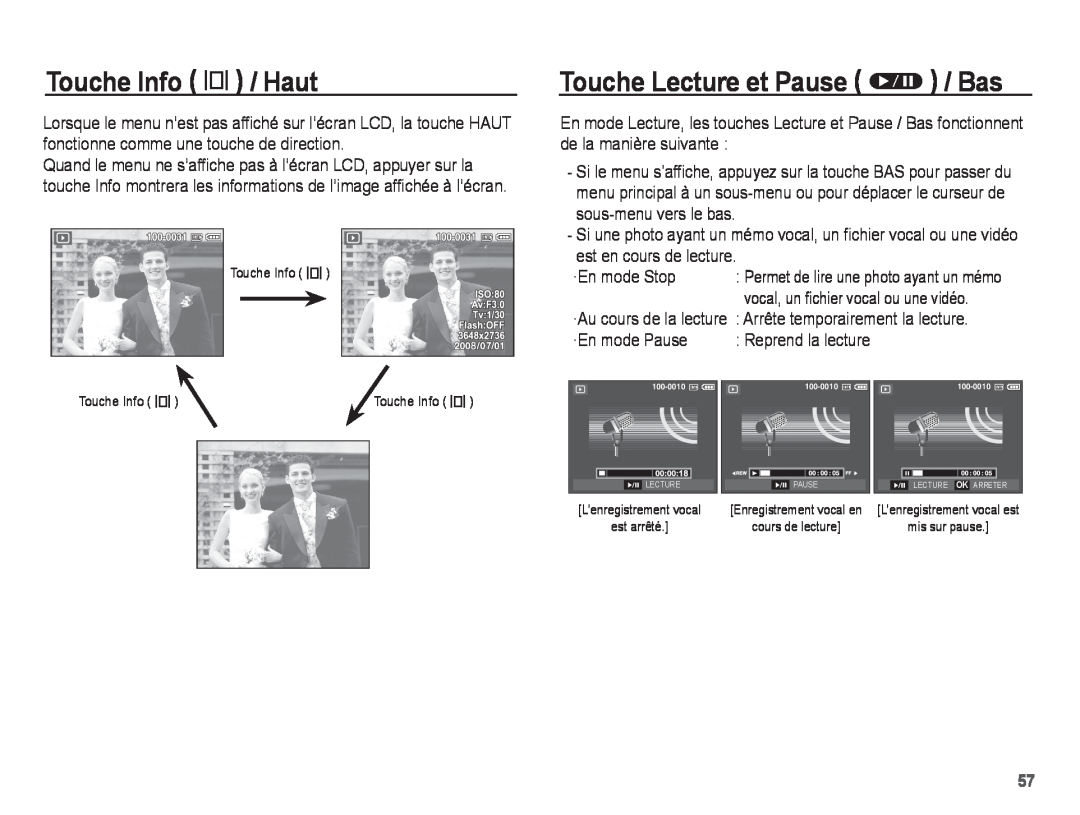 Samsung EC-S1070WBA/FR manual Touche Info î / Haut, Touche Lecture et Pause Ø / Bas, ·En mode Stop, ·En mode Pause 