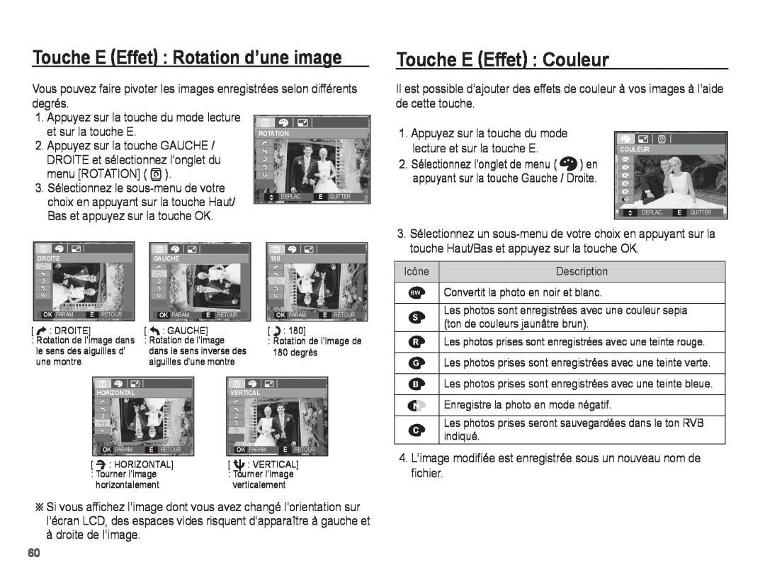 Samsung EC-S1070SBA/FR manual Touche E Effet Couleur, Touche E Effet Rotation d’une image, degrés, de cette touche 