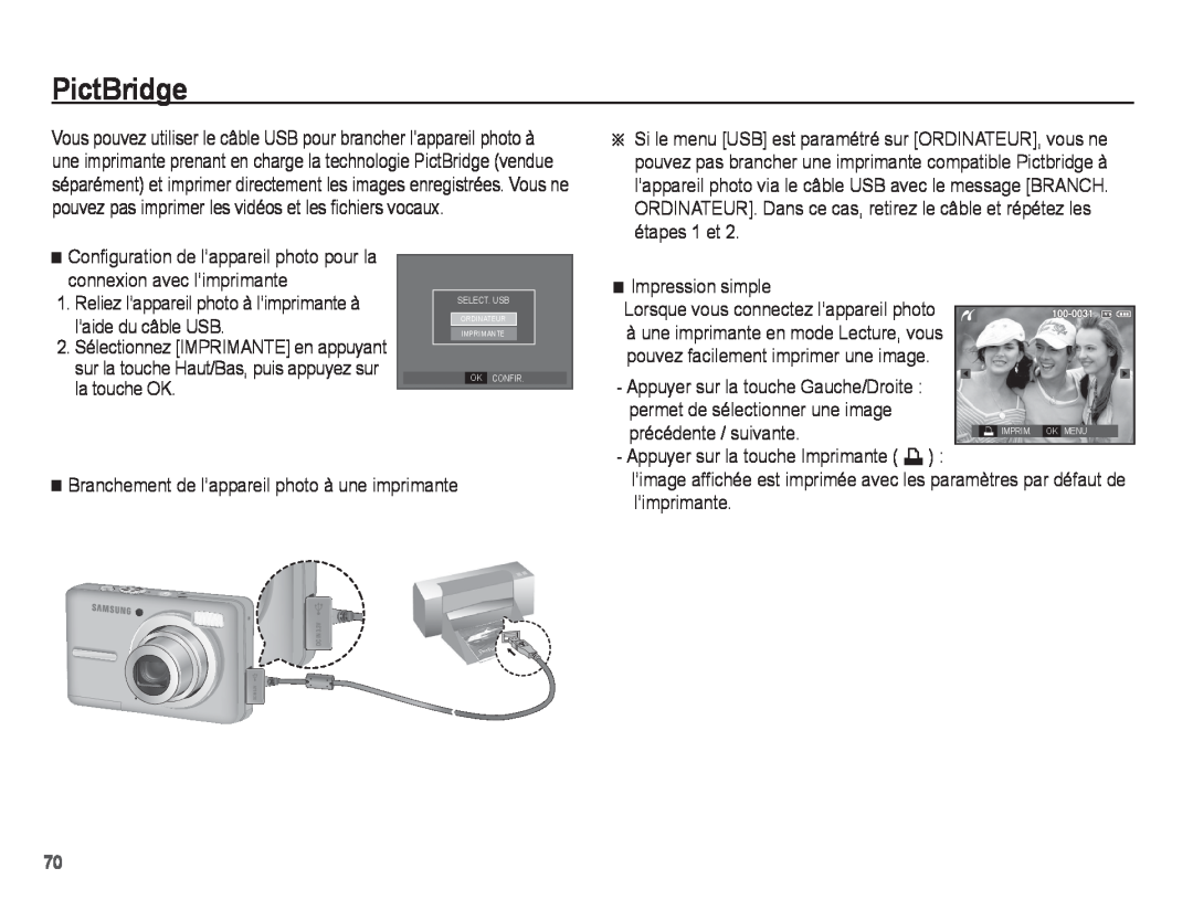 Samsung EC-S1070PBA/FR PictBridge, connexion avec l’imprimante, l’aide du câble USB, la touche OK, précédente / suivante 