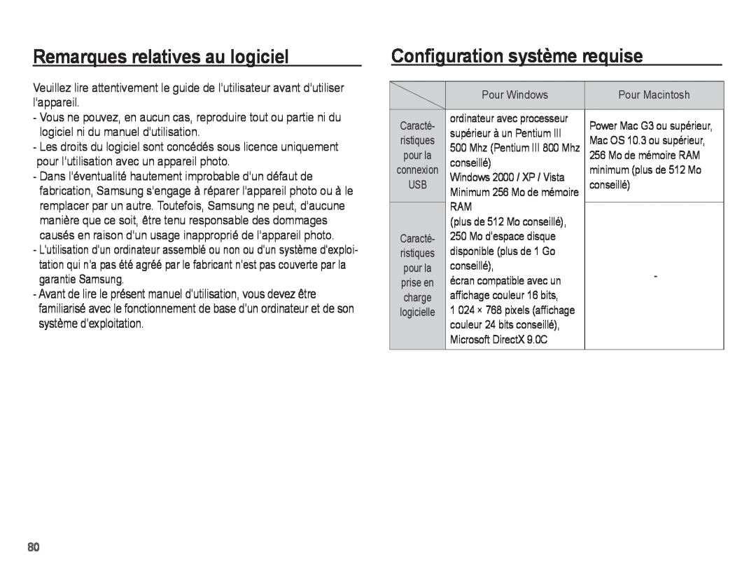 Samsung EC-S1070SBA/FR, EC-S1070BBA/FR manual Remarques relatives au logiciel, Configuration système requise, logicielle 