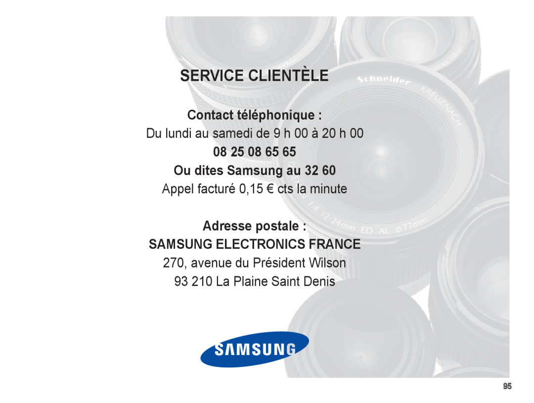 Samsung EC-S1070BBA/FR manual Contact téléphonique, Du lundi au samedi de 9 h 00 à 20 h, 08 25 08 65 Ou dites Samsung au 32 