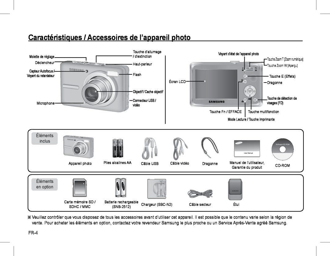 Samsung EC-S1070WBA/FR manual Caractéristiques / Accessoires de l’appareil photo, Fr-, Éléments inclus, Éléments en option 