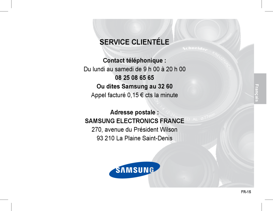 Samsung EC-S1070PDA/AS manual Contact téléphonique, 08 25 08 65 Ou dites Samsung au 32, FR-15, Service Clientéle, Français 