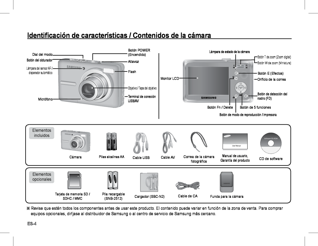 Samsung EC-S1070WDA/AS manual Identificación de características / Contenidos de la cámara, Es-, Elementos incluidos 