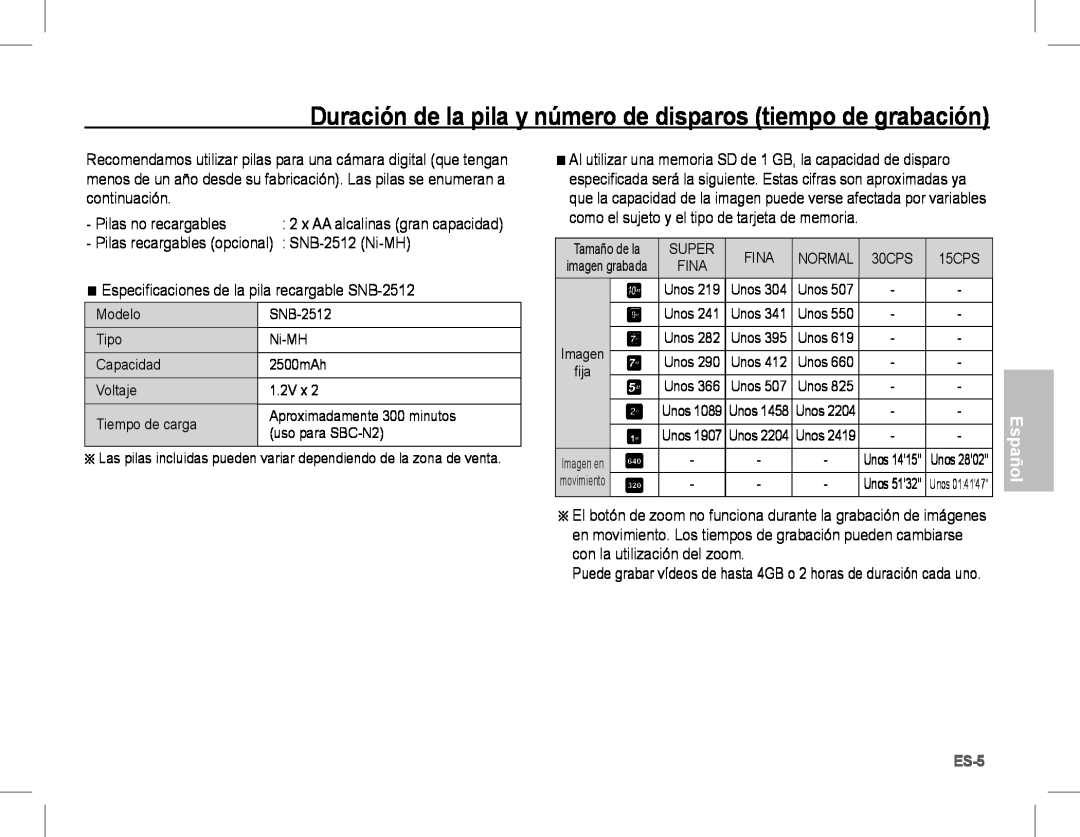 Samsung EC-S1070WBA/VN, EC-S1070BBA/FR manual Duración de la pila y número de disparos tiempo de grabación, Español, Es- 