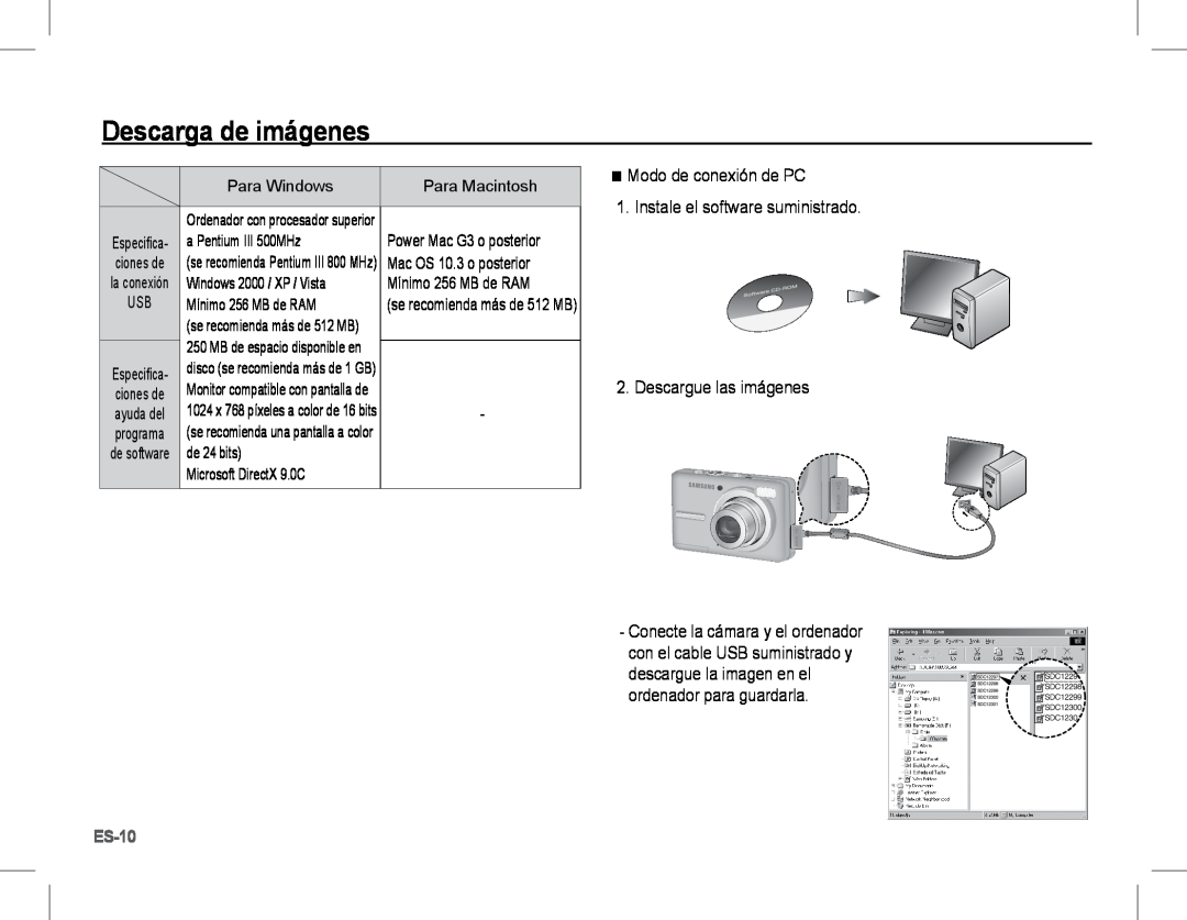 Samsung EC-S1070WDA/E3 manual ES-10, Ê Modo de conexión de PC 1. Instale el software suministrado, Descargue las imágenes 