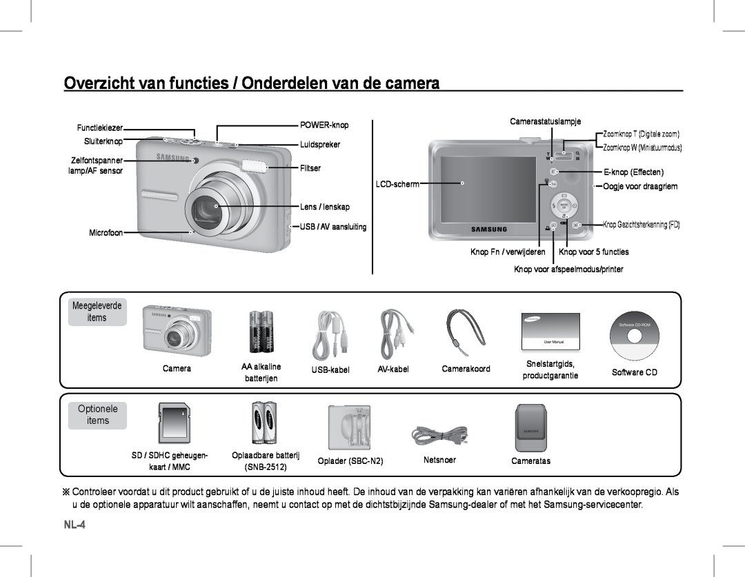 Samsung EC-S1070SBB/AS manual Overzicht van functies / Onderdelen van de camera, Nl-, Meegeleverde items, Optionele items 