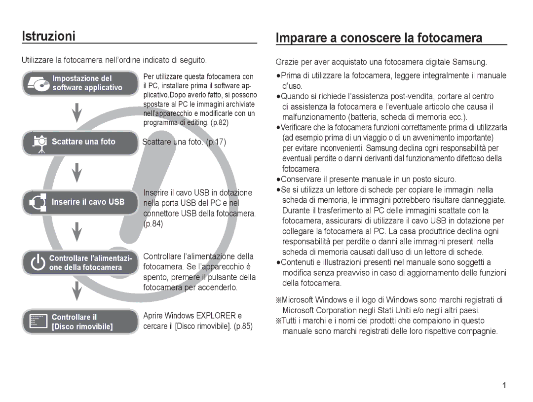 Samsung EC-S1070PBA/IT, EC-S1070BBA/IT, EC-S1070SBA/IT, EC-S1070WBA/IT manual Istruzioni, Imparare a conoscere la fotocamera 