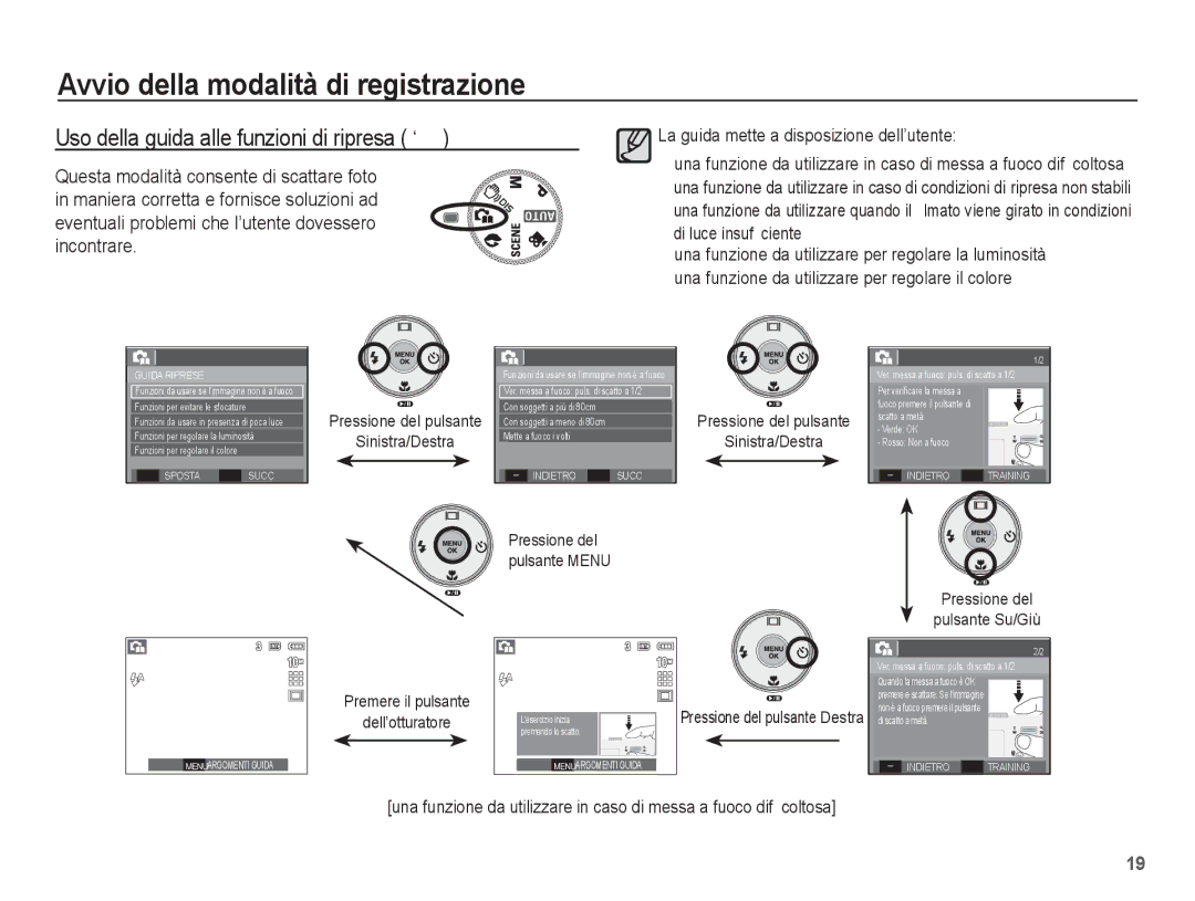 Samsung EC-S1070BBA/IT manual Uso della guida alle funzioni di ripresa `, Sinistra/Destra, Pressione del Pulsante Su/Giù 