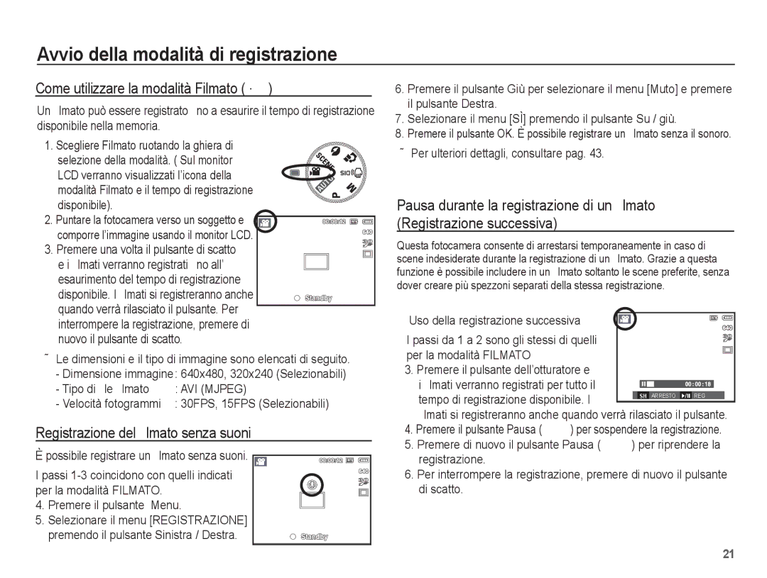 Samsung EC-S1070PBA/IT manual Come utilizzare la modalità Filmato ´, Registrazione del ﬁlmato senza suoni, AVI Mjpeg 