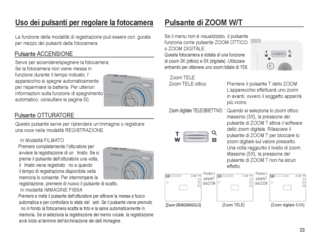 Samsung EC-S1070BBA/IT, EC-S1070SBA/IT manual Pulsante di Zoom W/T, Pulsante Accensione, Pulsante Otturatore, Zoom Tele 