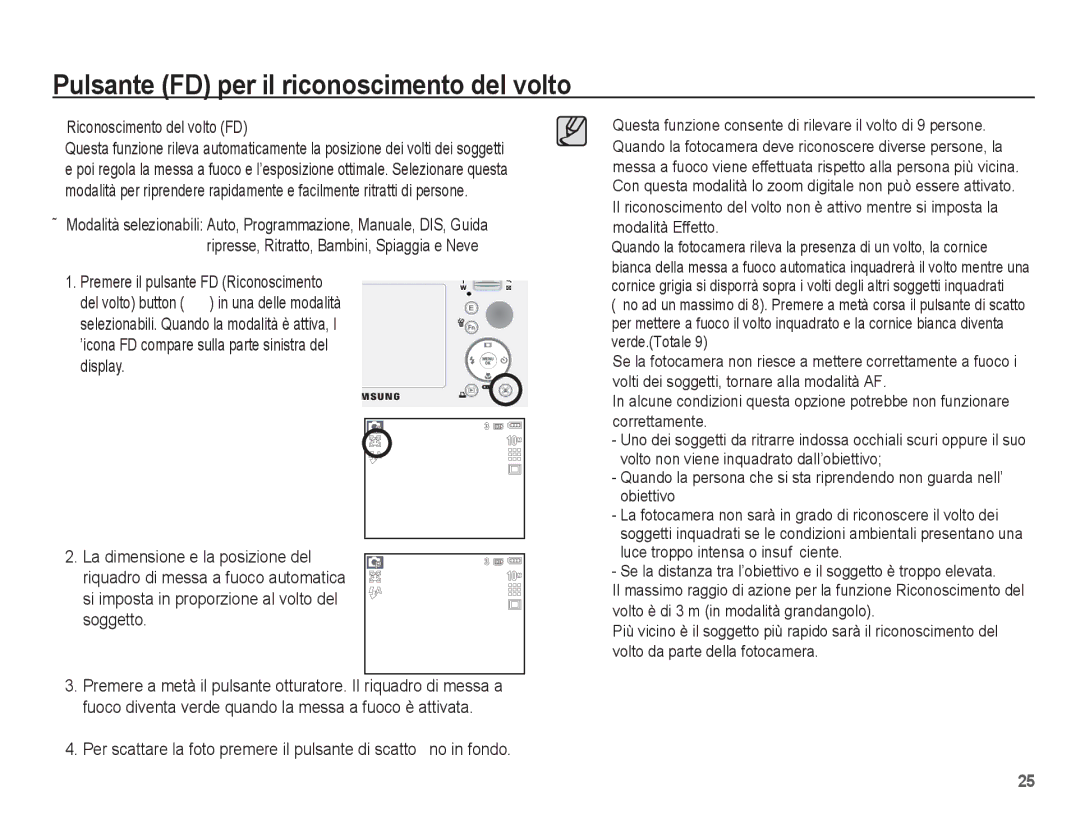 Samsung EC-S1070PBA/IT, EC-S1070BBA/IT manual Pulsante FD per il riconoscimento del volto, Riconoscimento del volto FD 