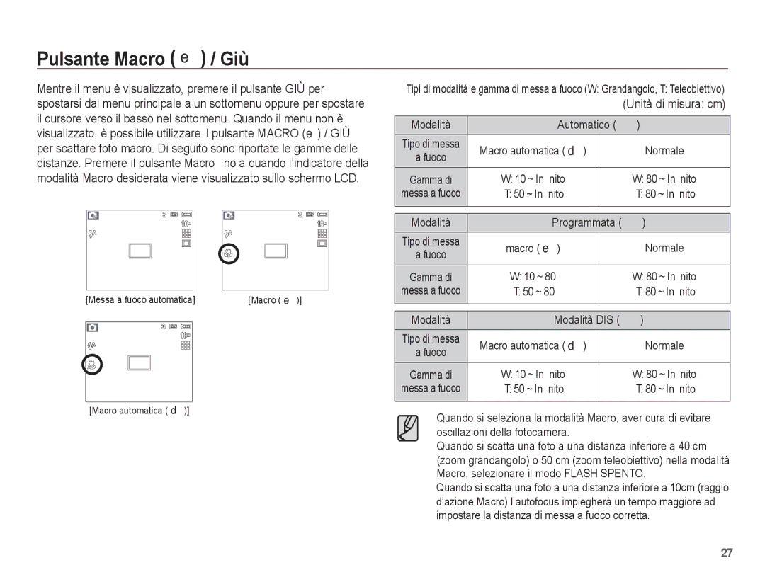 Samsung EC-S1070BBA/IT, EC-S1070SBA/IT manual Pulsante Macro e / Giù, Unità di misura cm, Automatico Š, Modalità DIS ÿ 