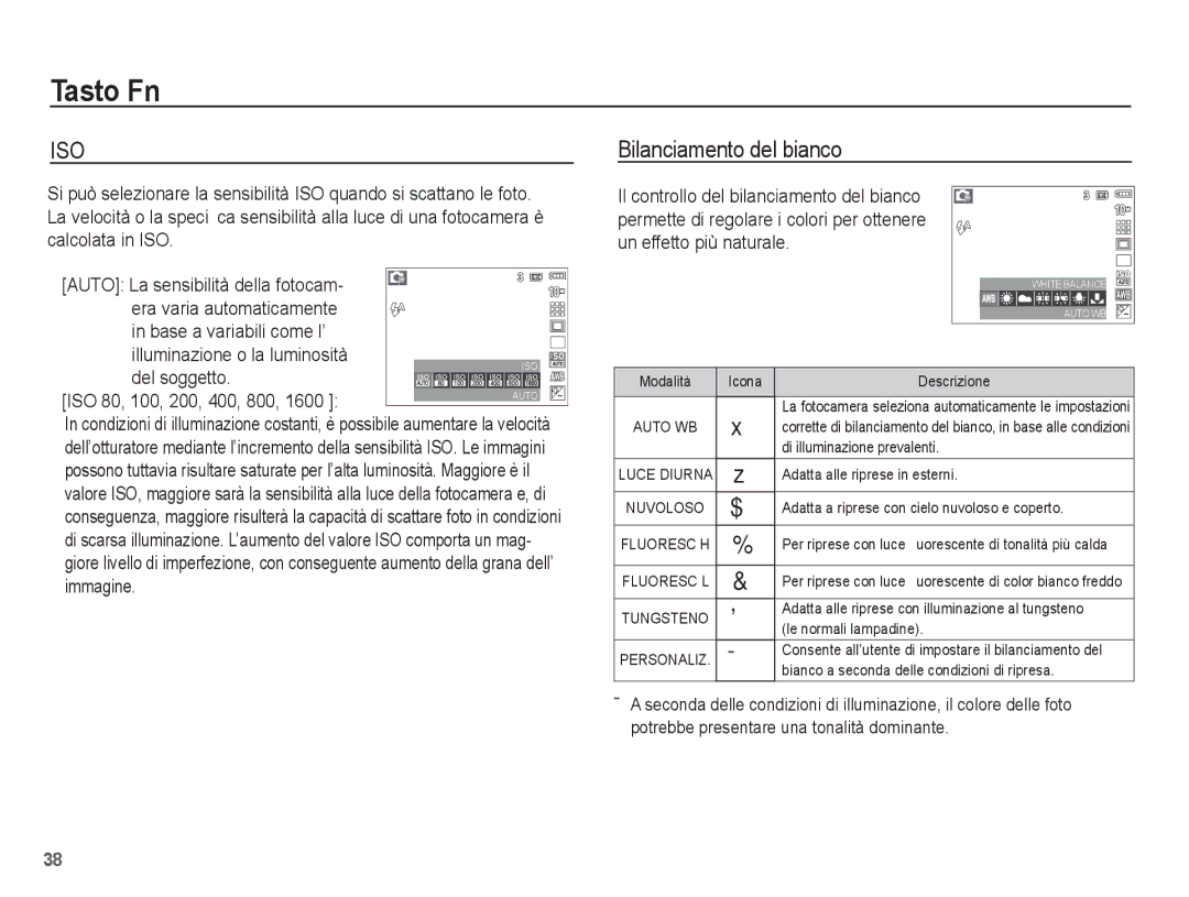 Samsung EC-S1070WBA/IT, EC-S1070BBA/IT, EC-S1070SBA/IT Bilanciamento del bianco, Del soggetto, ISO 80, 100, 200, 400, 800 