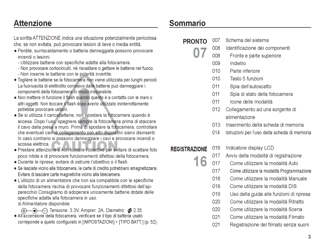 Samsung EC-S1070BBA/IT, EC-S1070SBA/IT, EC-S1070PBA/IT, EC-S1070WBA/IT manual Attenzione, Sommario 