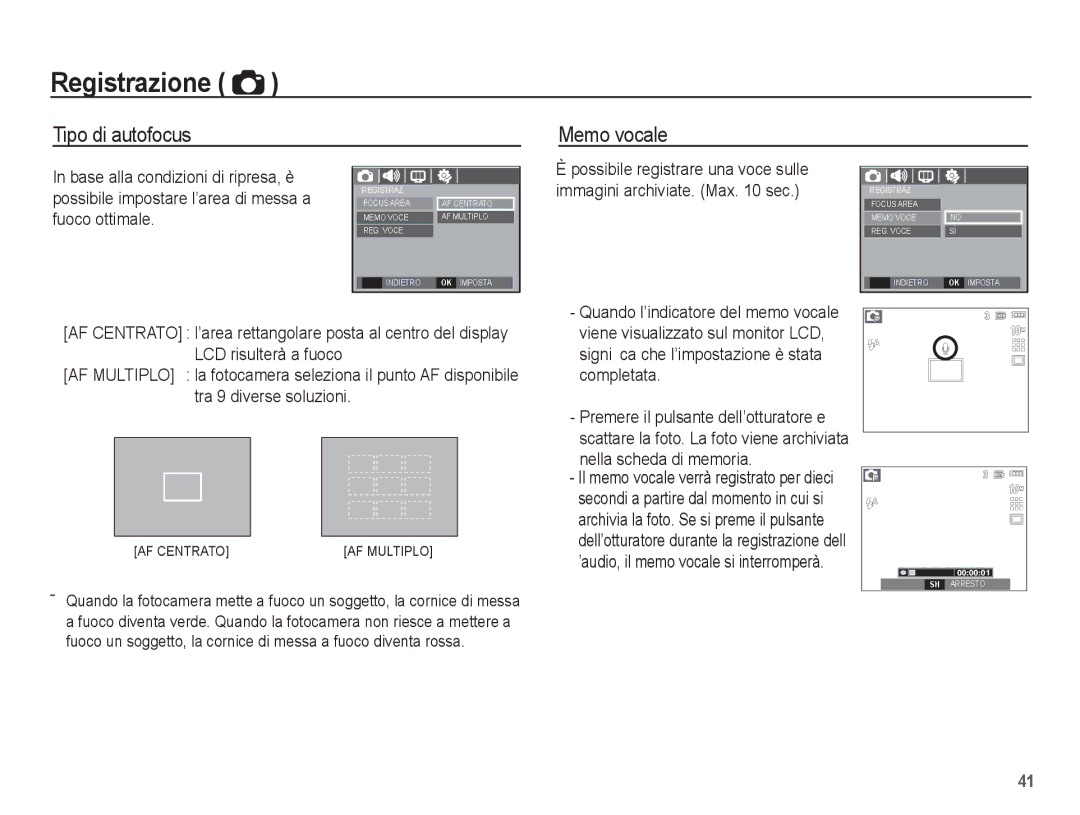 Samsung EC-S1070PBA/IT manual Memo vocale, Base alla condizioni di ripresa, è, Fuoco ottimale, Nella scheda di memoria 