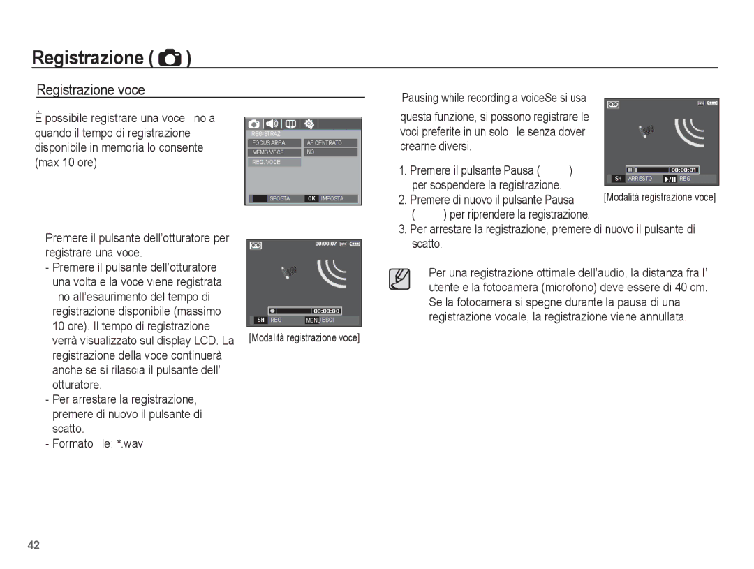 Samsung EC-S1070WBA/IT manual Registrazione voce, Pausing while recording a voiceSe si usa, Per riprendere la registrazione 