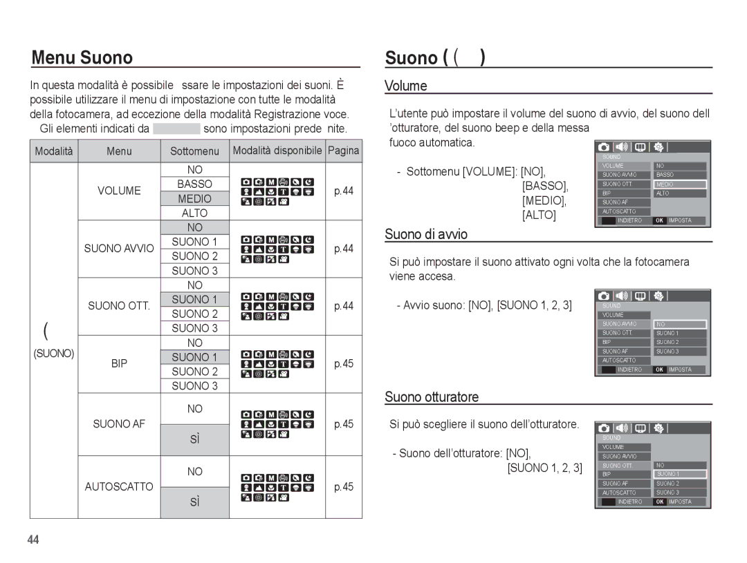 Samsung EC-S1070SBA/IT, EC-S1070BBA/IT, EC-S1070PBA/IT manual Menu Suono, Suono , Volume, Suono di avvio, Suono otturatore 