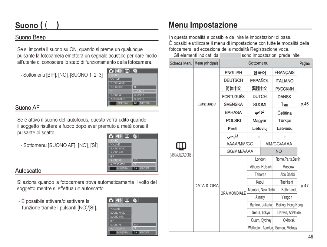 Samsung EC-S1070PBA/IT, EC-S1070BBA/IT, EC-S1070SBA/IT, EC-S1070WBA/IT Menu Impostazione, Suono Beep, Suono AF, Autoscatto 