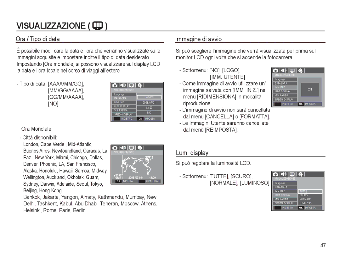 Samsung EC-S1070BBA/IT, EC-S1070SBA/IT, EC-S1070PBA/IT Ora / Tipo di data, Immagine di avvio, Lum. display, IMM. Utente 