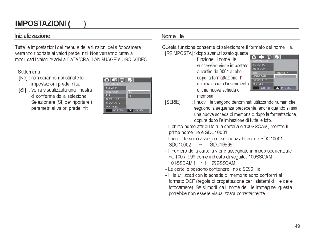 Samsung EC-S1070PBA/IT, EC-S1070BBA/IT, EC-S1070SBA/IT, EC-S1070WBA/IT manual Inizializzazione, Nome ﬁle, Serie 