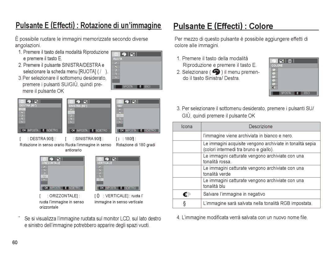 Samsung EC-S1070SBA/IT, EC-S1070BBA/IT Pulsante E Effecti Colore, Selezionare Il menu premen Do il tasto Sinistra/ Destra 