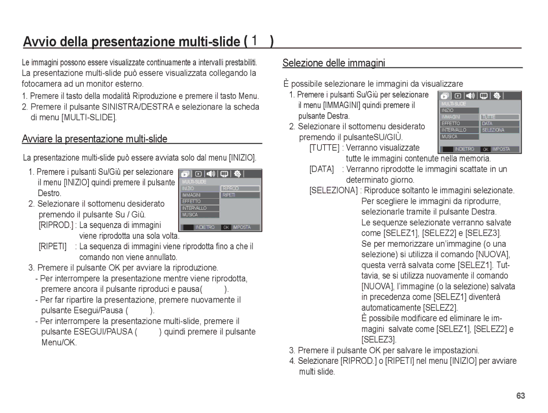 Samsung EC-S1070BBA/IT, EC-S1070SBA/IT manual Avvio della presentazione multi-slide , Avviare la presentazione multi-slide 