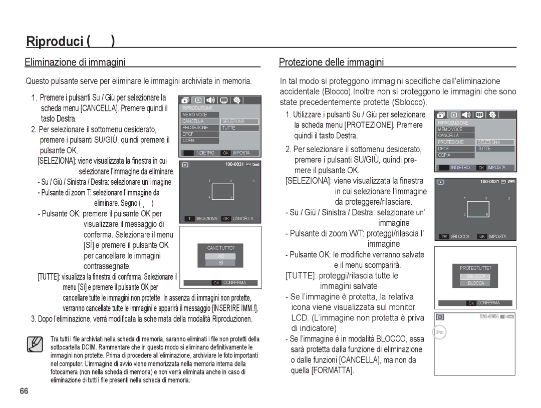 Samsung EC-S1070WBA/IT, EC-S1070BBA/IT Eliminazione di immagini, Protezione delle immagini, Tasto Destra, Contrassegnate 