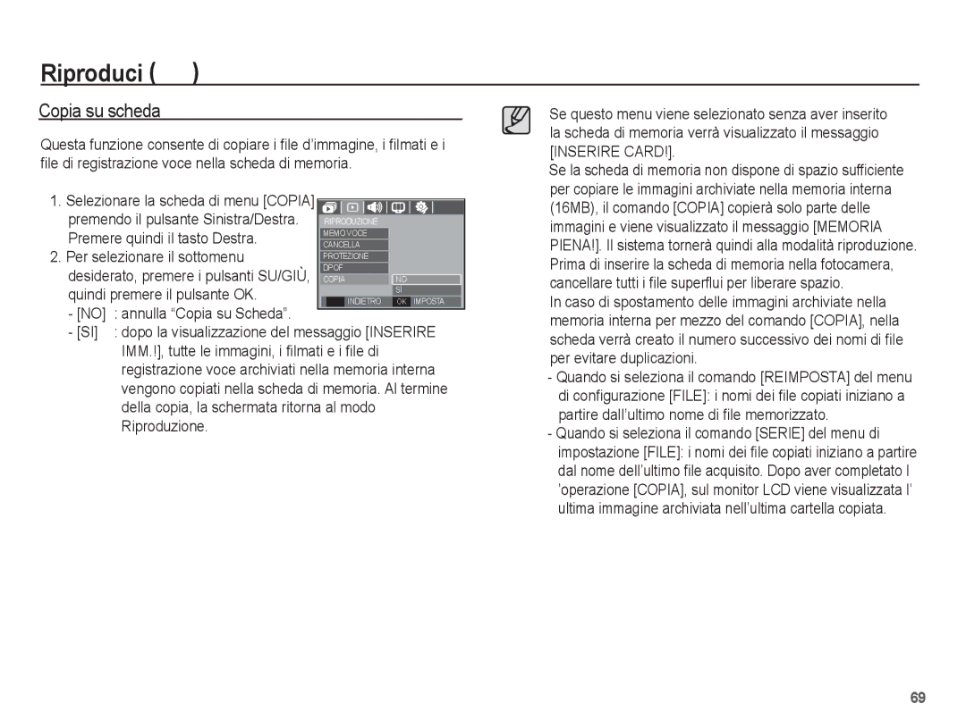 Samsung EC-S1070PBA/IT, EC-S1070BBA/IT, EC-S1070SBA/IT, EC-S1070WBA/IT manual Copia su scheda, Quindi premere il pulsante OK 