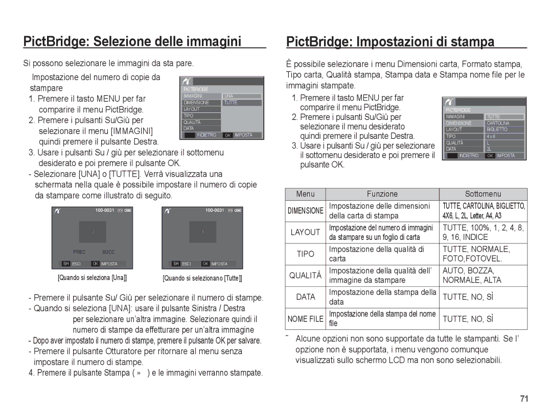 Samsung EC-S1070BBA/IT, EC-S1070SBA/IT manual PictBridge Selezione delle immagini, PictBridge Impostazioni di stampa 