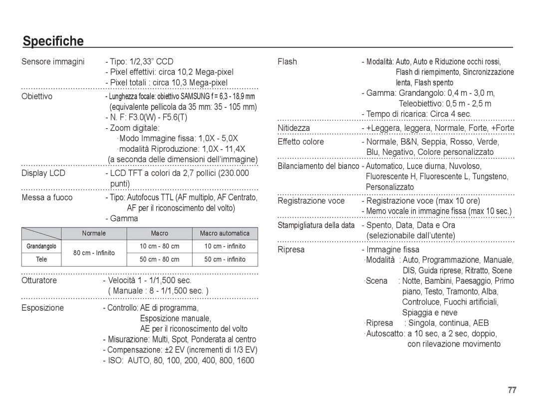 Samsung EC-S1070PBA/IT, EC-S1070BBA/IT, EC-S1070SBA/IT, EC-S1070WBA/IT manual Specifiche 