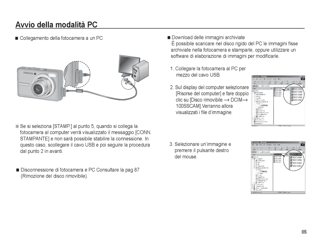 Samsung EC-S1070PBA/IT manual Collegamento della fotocamera a un PC, Collegare la fotocamera al PC per mezzo del cavo USB 