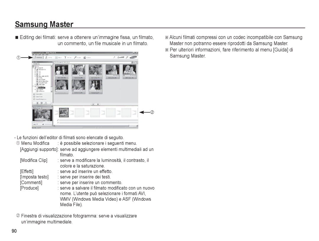 Samsung EC-S1070WBA/IT Le funzioni dell’editor di filmati sono elencate di seguito, Filmato, Modifica Clip, Media File 
