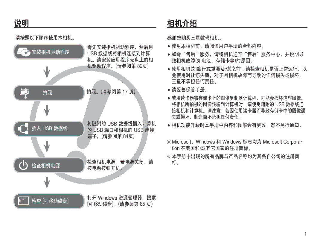 Samsung EC-S1070BBA/E1, EC-S1070SDA/E3 manual 相机介绍, 请按照以下顺序使用本相机。, 拍照。请参阅第 17 页, 请妥善保管手册。, 相机功能升级时本手册中内容和图解会有更改，恕不另行通知。 