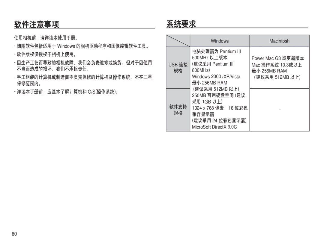 Samsung EC-S1070BDA/E3, EC-S1070SDA/E3 manual 软件注意事项, 系统要求, 使用相机前，请详读本使用手册。, 软件版权仅授权于相机上使用。, 详读本手册前，应基本了解计算机和 O/S操作系统。 