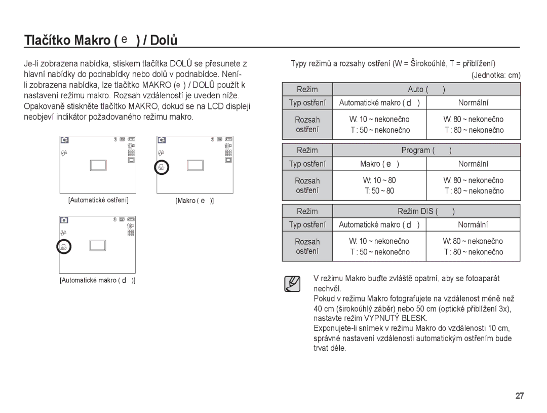 Samsung EC-S1070WDA/E3, EC-S1070SDA/E3, EC-S1070BDA/E3 manual Tlaþítko Makro e / DolĤ, Auto Š, Program ‰, Režim DIS ÿ 