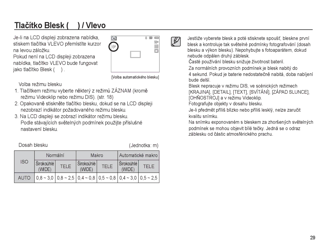 Samsung EC-S1070SDA/E3, EC-S1070WDA/E3 manual Tlaþítko Blesk / Vlevo, Volba režimu blesku, Normální Makro, Auto 0,8 ~ 3,0 