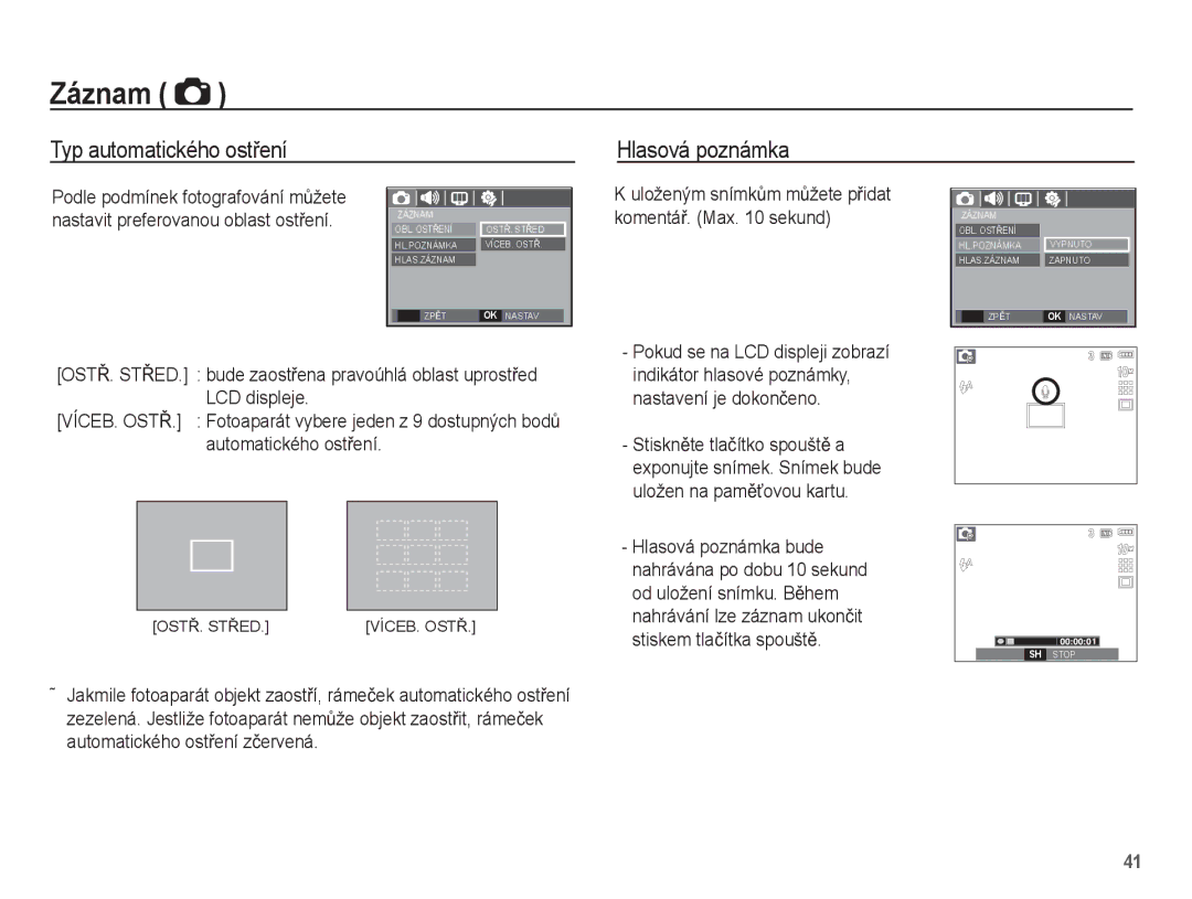 Samsung EC-S1070SDA/E3, EC-S1070WDA/E3, EC-S1070BDA/E3 manual Hlasová poznámka, Typ automatického ostĜení 