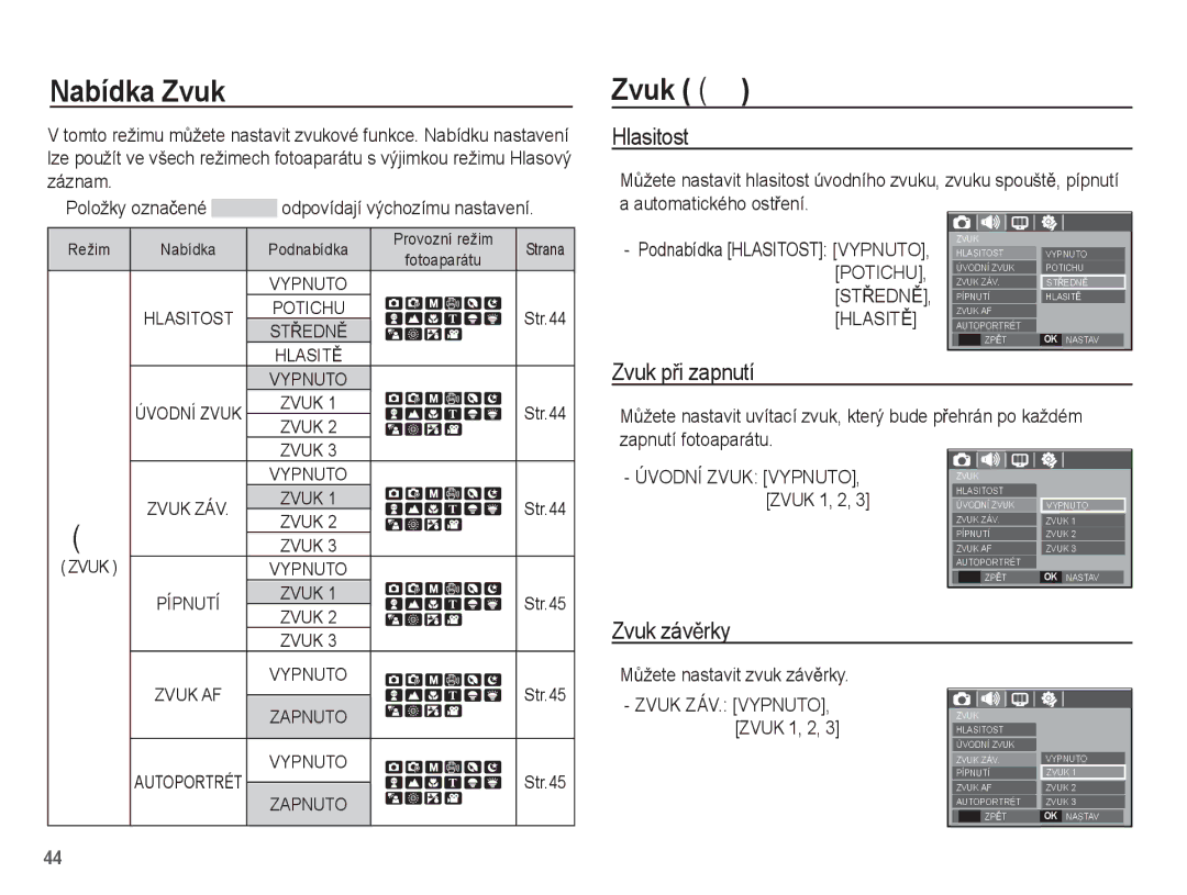 Samsung EC-S1070SDA/E3, EC-S1070WDA/E3, EC-S1070BDA/E3 manual Nabídka Zvuk, Zvuk , Hlasitost, Zvuk pĜi zapnutí, Zvuk závČrky 