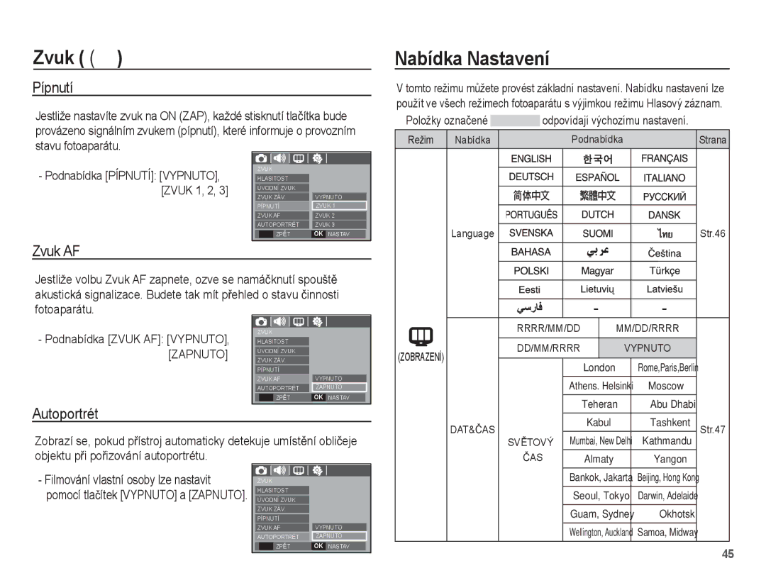 Samsung EC-S1070WDA/E3 Nabídka Nastavení, Pípnutí, Zvuk AF, Autoportrét, Položky oznaþené odpovídají výchozímu nastavení 