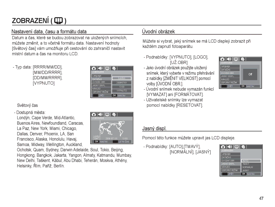 Samsung EC-S1070SDA/E3, EC-S1070WDA/E3 Nastavení data, þasu a formátu data Úvodní obrázek, Jasný displ, Už.Obr, Vypnuto 