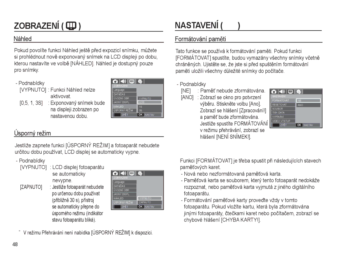 Samsung EC-S1070WDA/E3, EC-S1070SDA/E3, EC-S1070BDA/E3 manual Náhled, Formátování pamČti, Úsporný režim, Ano 