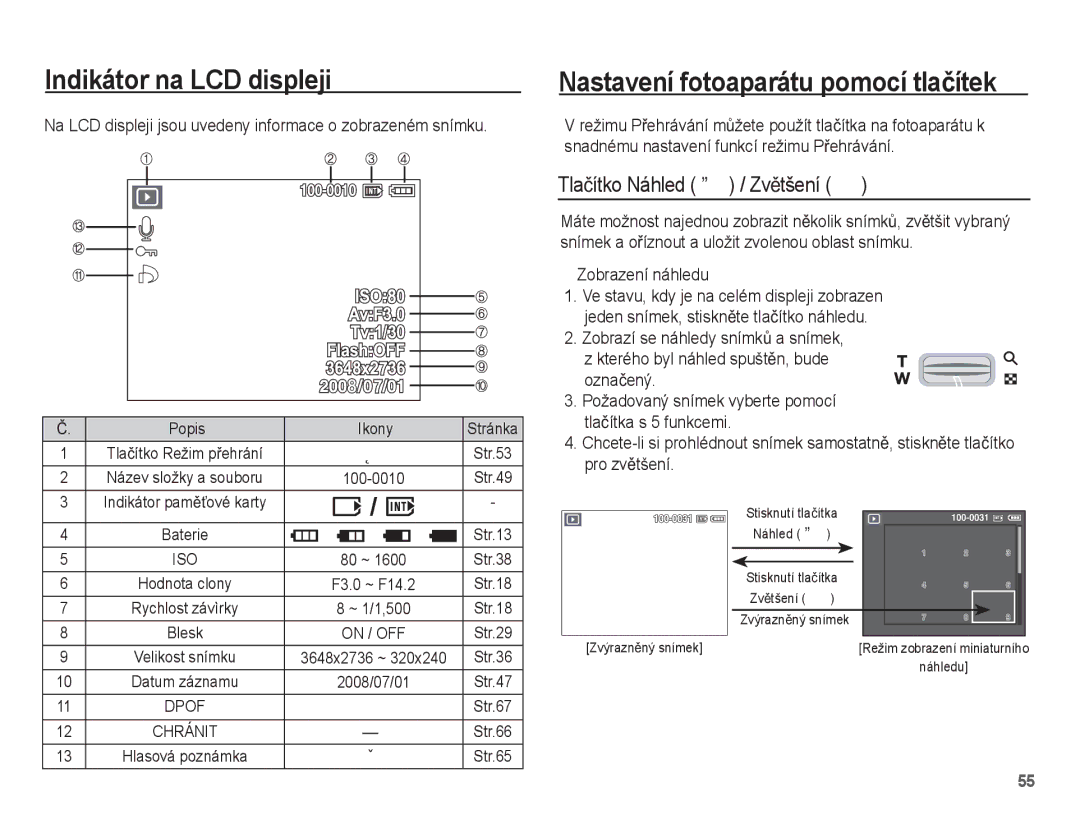 Samsung EC-S1070BDA/E3 manual Nastavení fotoaparátu pomocí tlaþítek, Tlaþítko Náhled º / ZvČtšení í, Zobrazení náhledu 