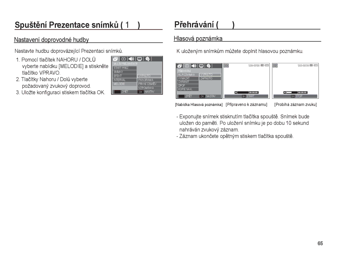 Samsung EC-S1070SDA/E3 manual PĜehrávání à, Nastavení doprovodné hudby, Nastavte hudbu doprovázející Prezentaci snímkĤ 