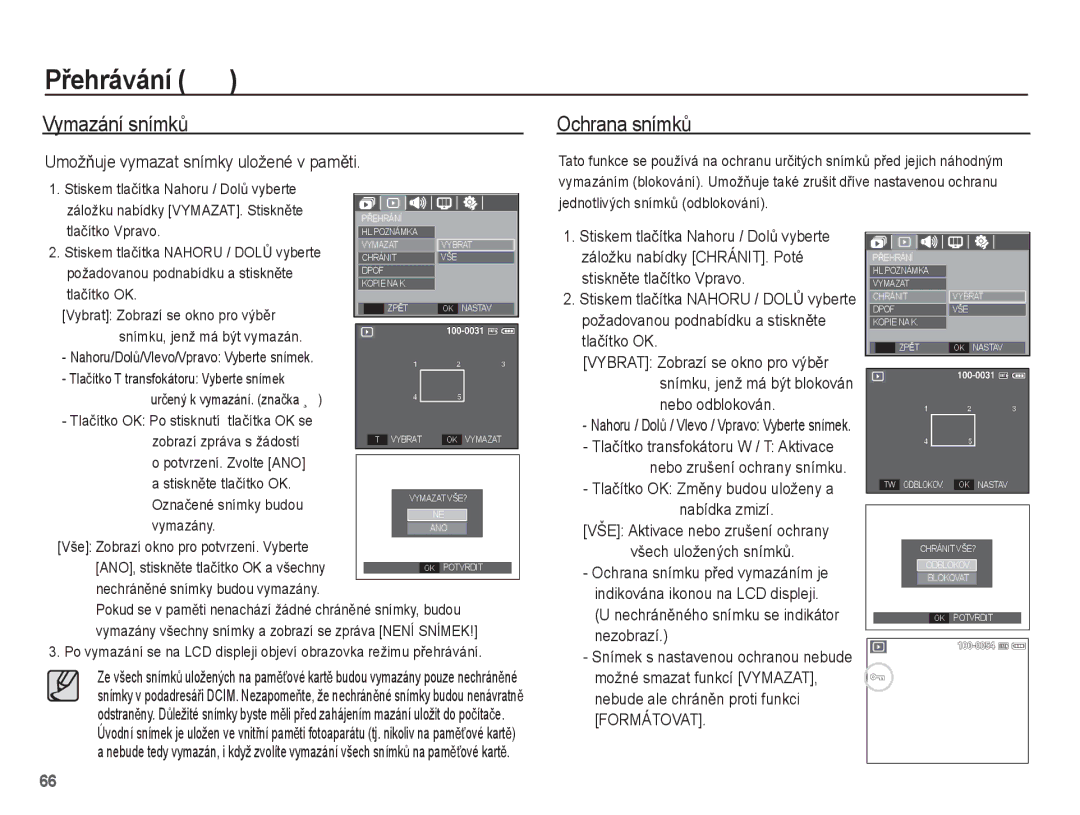 Samsung EC-S1070WDA/E3, EC-S1070SDA/E3, EC-S1070BDA/E3 manual Vymazání snímkĤ Ochrana snímkĤ 