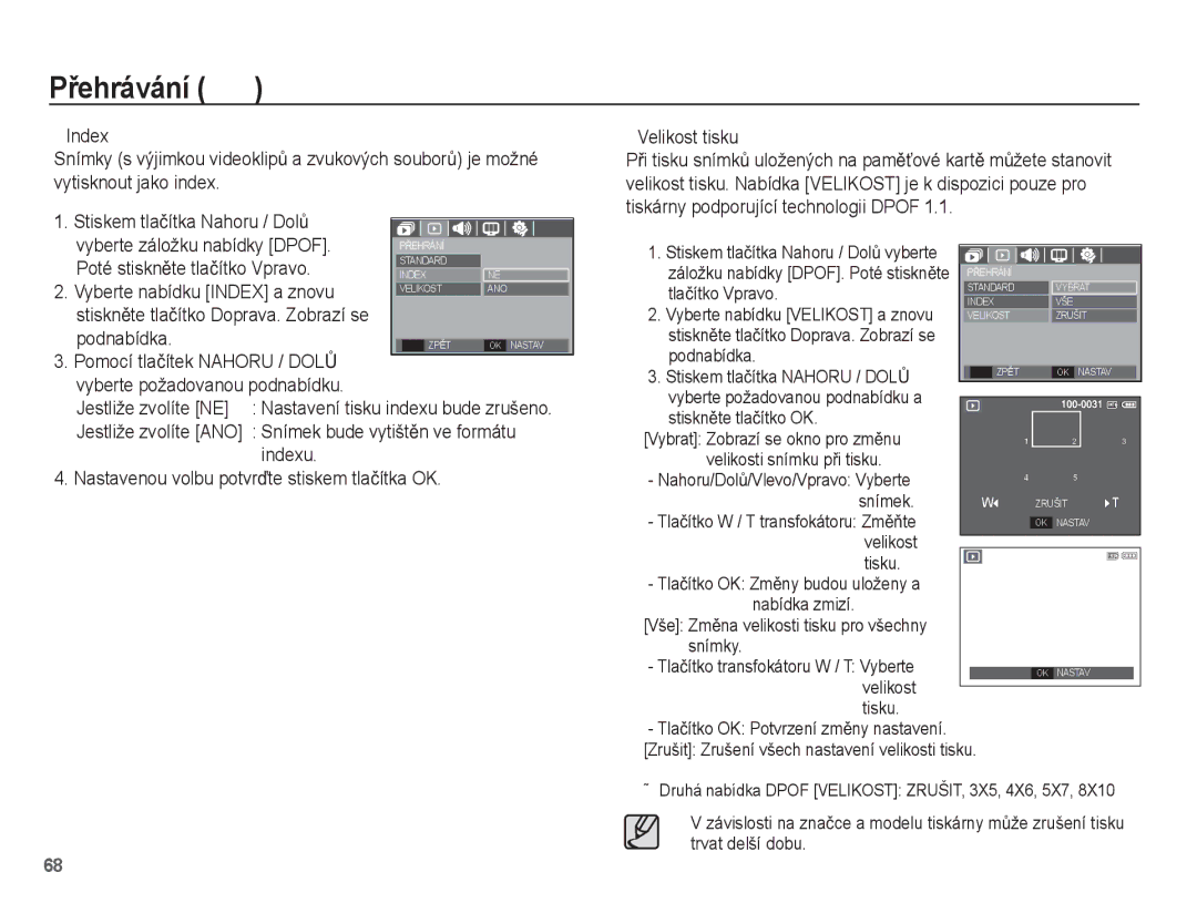 Samsung EC-S1070SDA/E3, EC-S1070WDA/E3, EC-S1070BDA/E3 Vyberte nabídku Index a znovu, Podnabídka, Indexu, Velikost tisku 