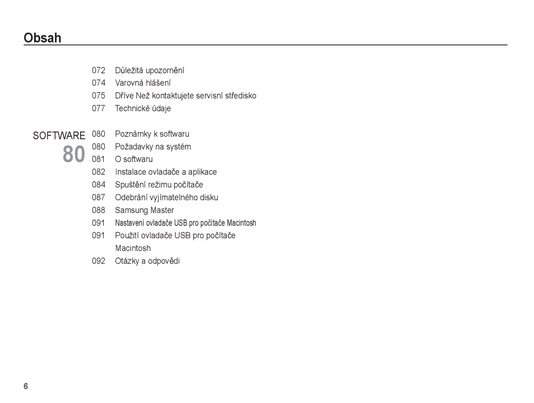 Samsung EC-S1070WDA/E3 072 DĤležitá upozornČní 074 Varovná hlášení 075, Technické údaje, Poznámky k softwaru, Macintosh 